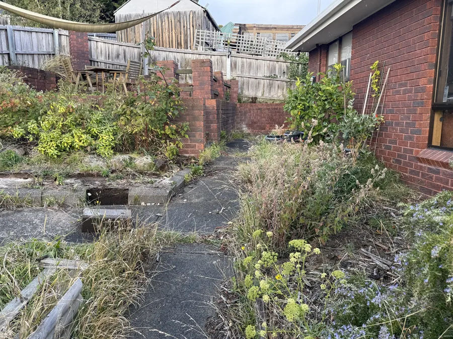 Before: overgrown beds, crumbling brick planters and cracked concrete paths