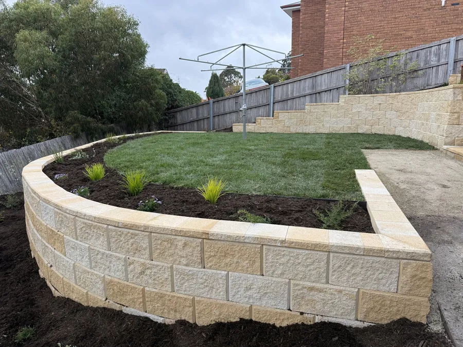 After: a curved sandstone wall wrapping the new lawn and mulched garden beds