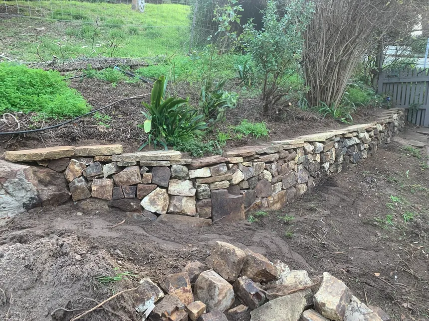 Hand-laid dry-stone retaining wall under construction around a garden bed