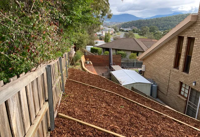 Steep hillside garden freshly mulched with timber edging along the fence line