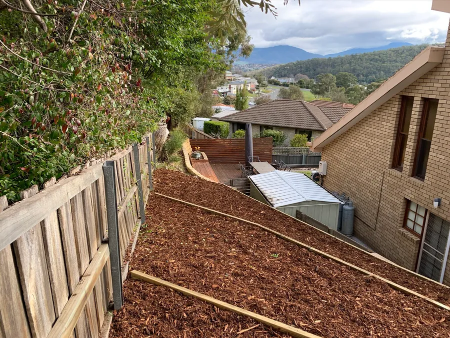 Freshly mulched hillside garden with timber edging along the fence line