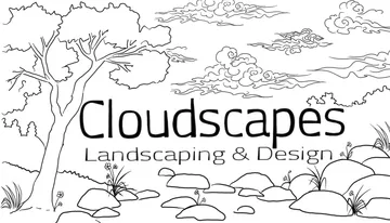 Cloudscapes Landscaping & Design — hand-drawn logo of a tree, clouds and rocks