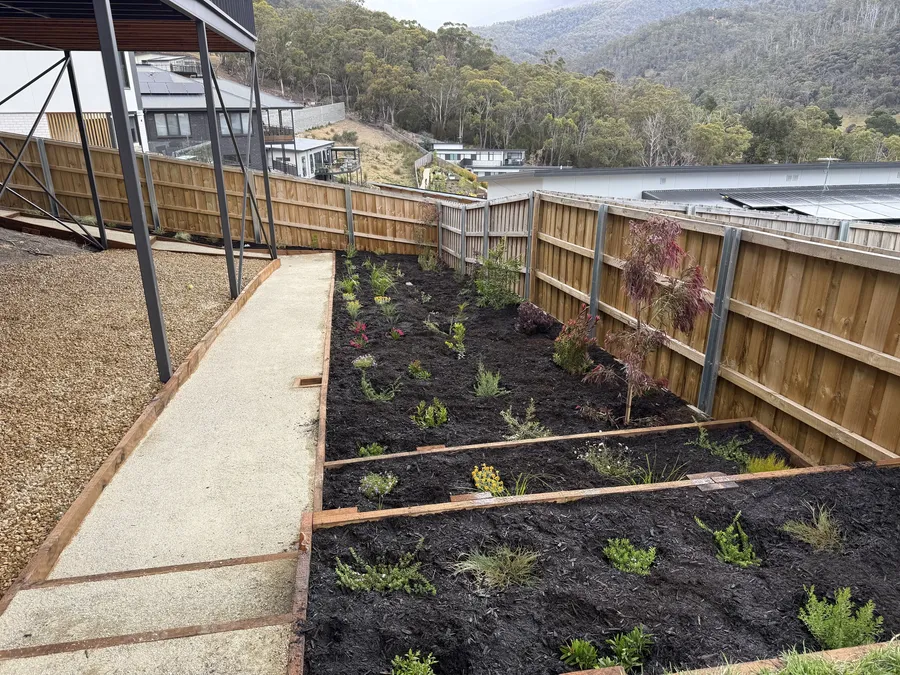 Terraced native garden beds running down the fence line beside the path