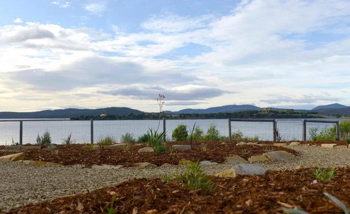 Garden design on a waterfront block, with beds and gravel shaped around the coastal view