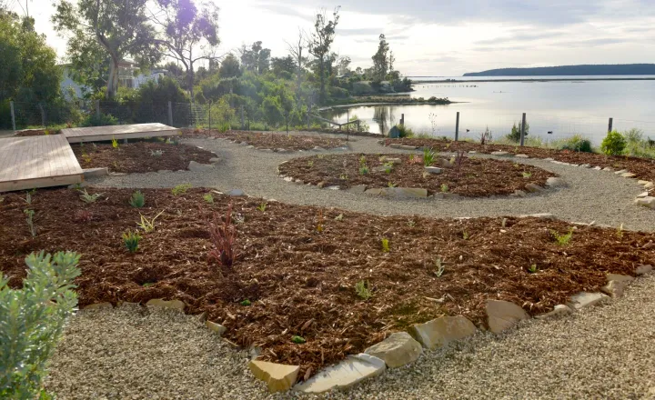 Freshly built circular garden beds with mulch and gravel paths